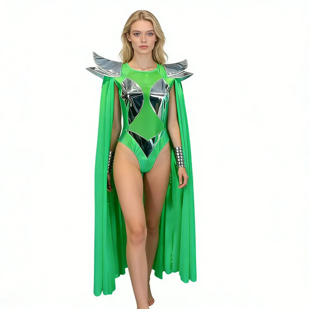 Futuristic Wing Shoulder Bodysuit & Trailing Cape Dance Performance Costume Set
