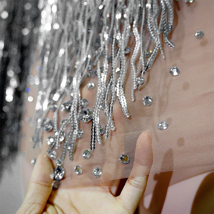 Rhinestone Tassel Fringe Jacket And Dress Costume Set