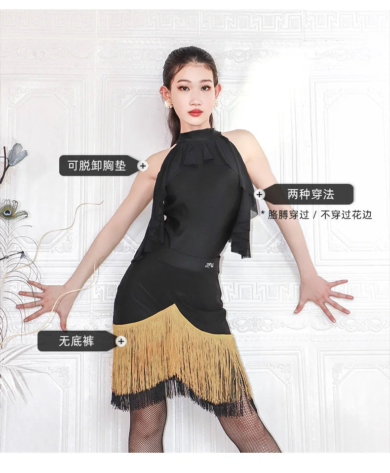 Black High-Neck Short-Sleeve Bodysuit & Gold Fringe Skirt Latin Dance Costume Set