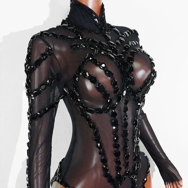 Rhinestone Mesh Jumpsuit Costume Set