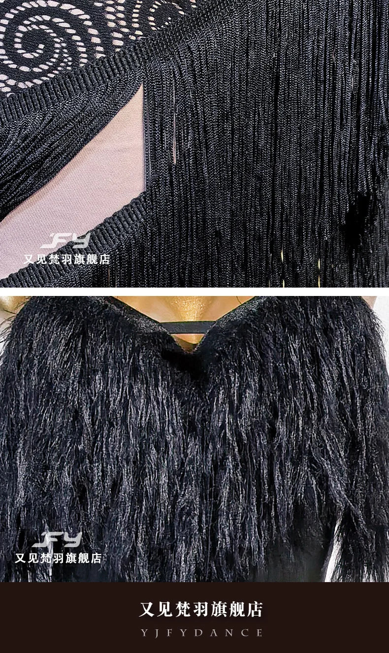 Black Fluffy Dance Leotard & Fringe Practice Skirt Latin Performance Costume Set