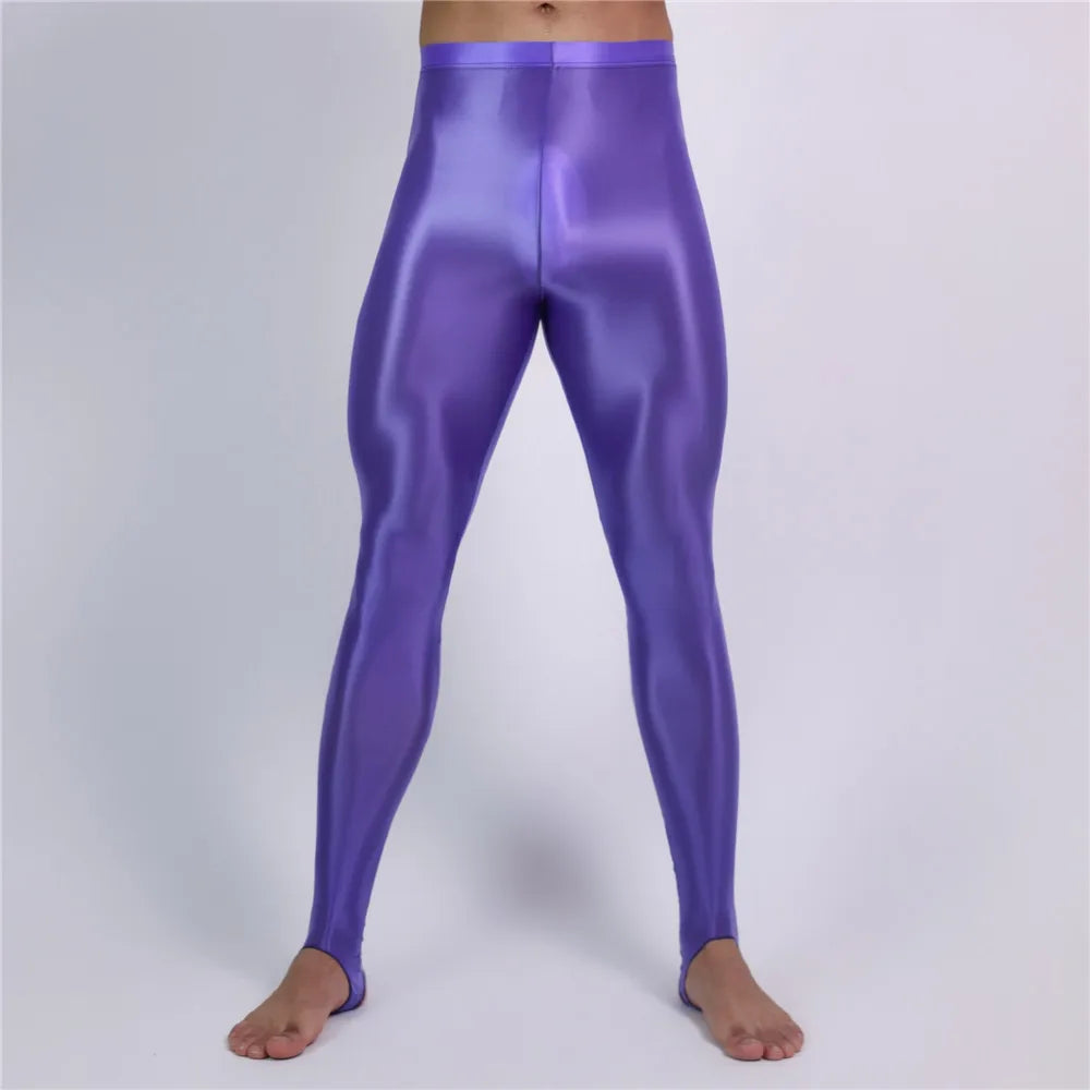 Men's Slim Tights Pencil Pants Stain Smooth  Oil Glossy Shiny Elastic Yoga Leggings Sheer See Through Full Pants Plus Size