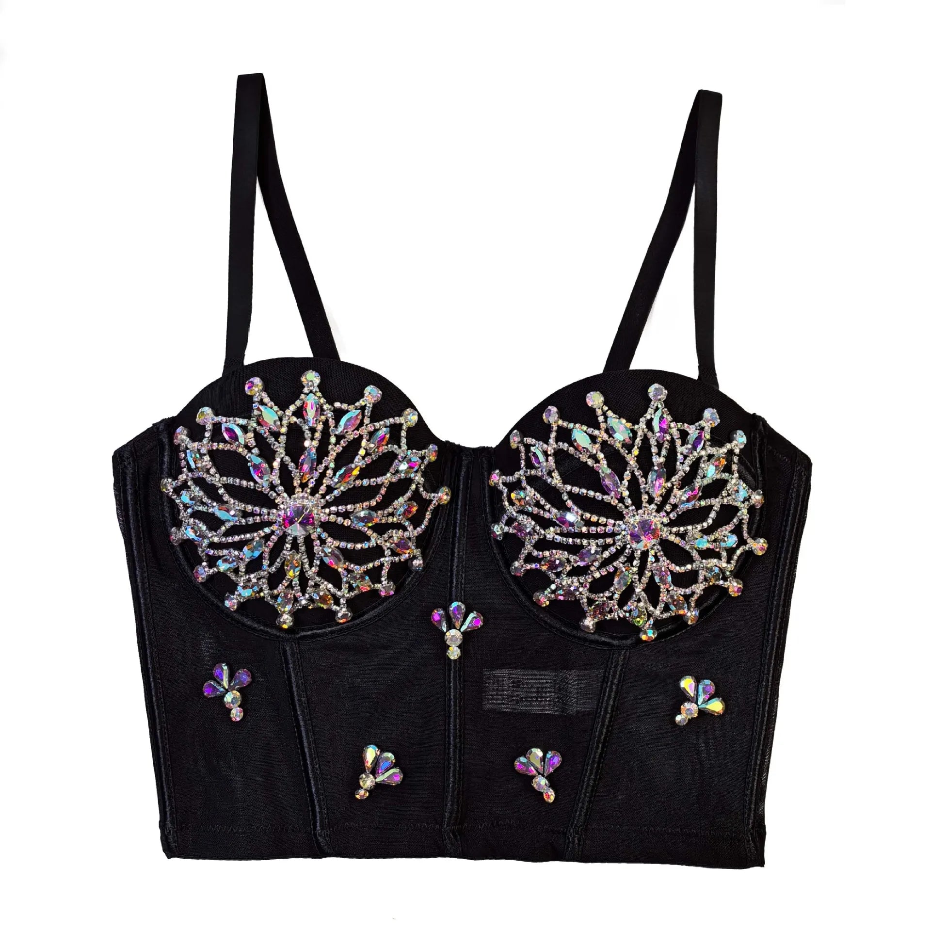 Black Mesh Bustier Corset Crop Top Crystal Embroidered Nightclub Bralette