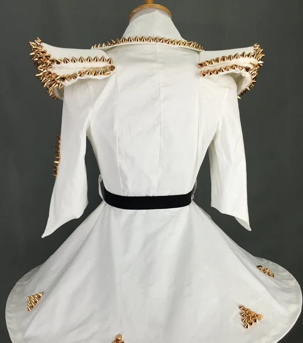 White Faux Leather Studded Stage Dress & Fluffy Skirt Pop Singer Costume Set