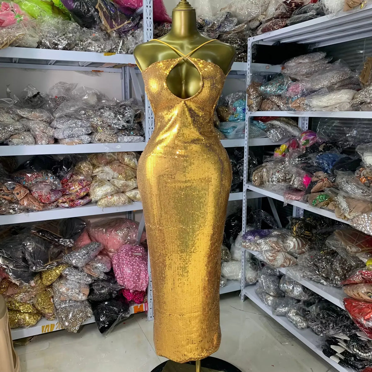 Vintage-Inspired Luxury Gold Crisscross Neck Keyhole Long Sequin Dress