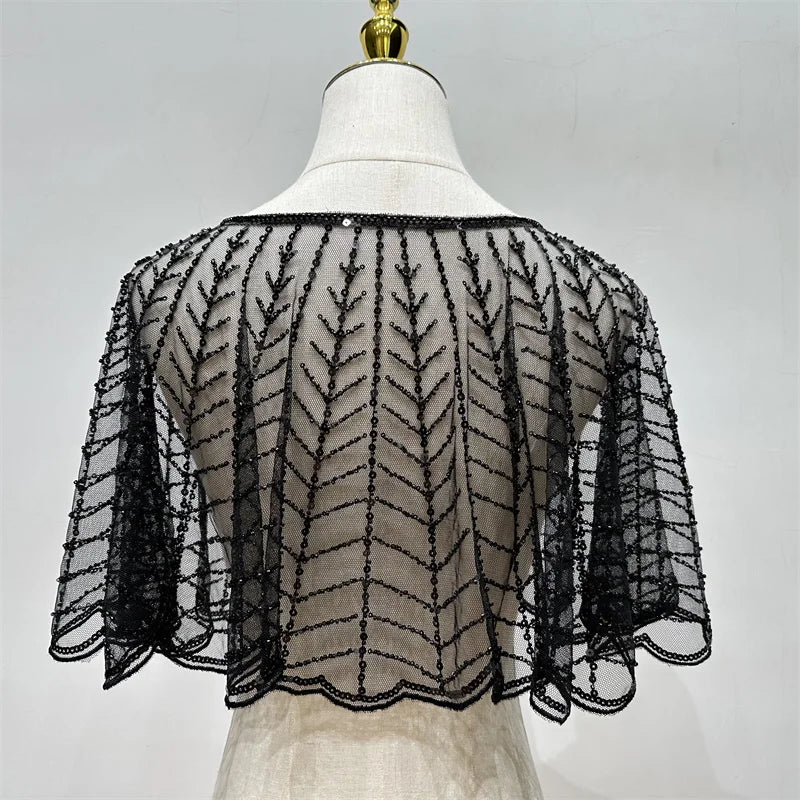 Sparkly Sequin & Beaded Leaf Mesh Capelet Evening Shawl Bolero Jacket