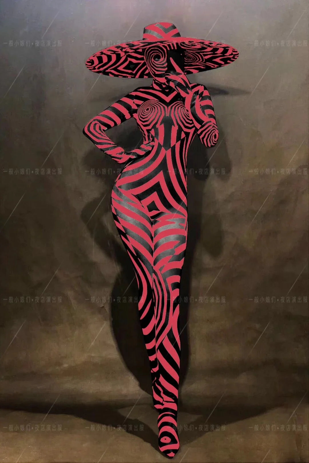 Zebra Stripe Catsuit & Oversized Wide-Brim Sun Hat Stage Performance Costume Set