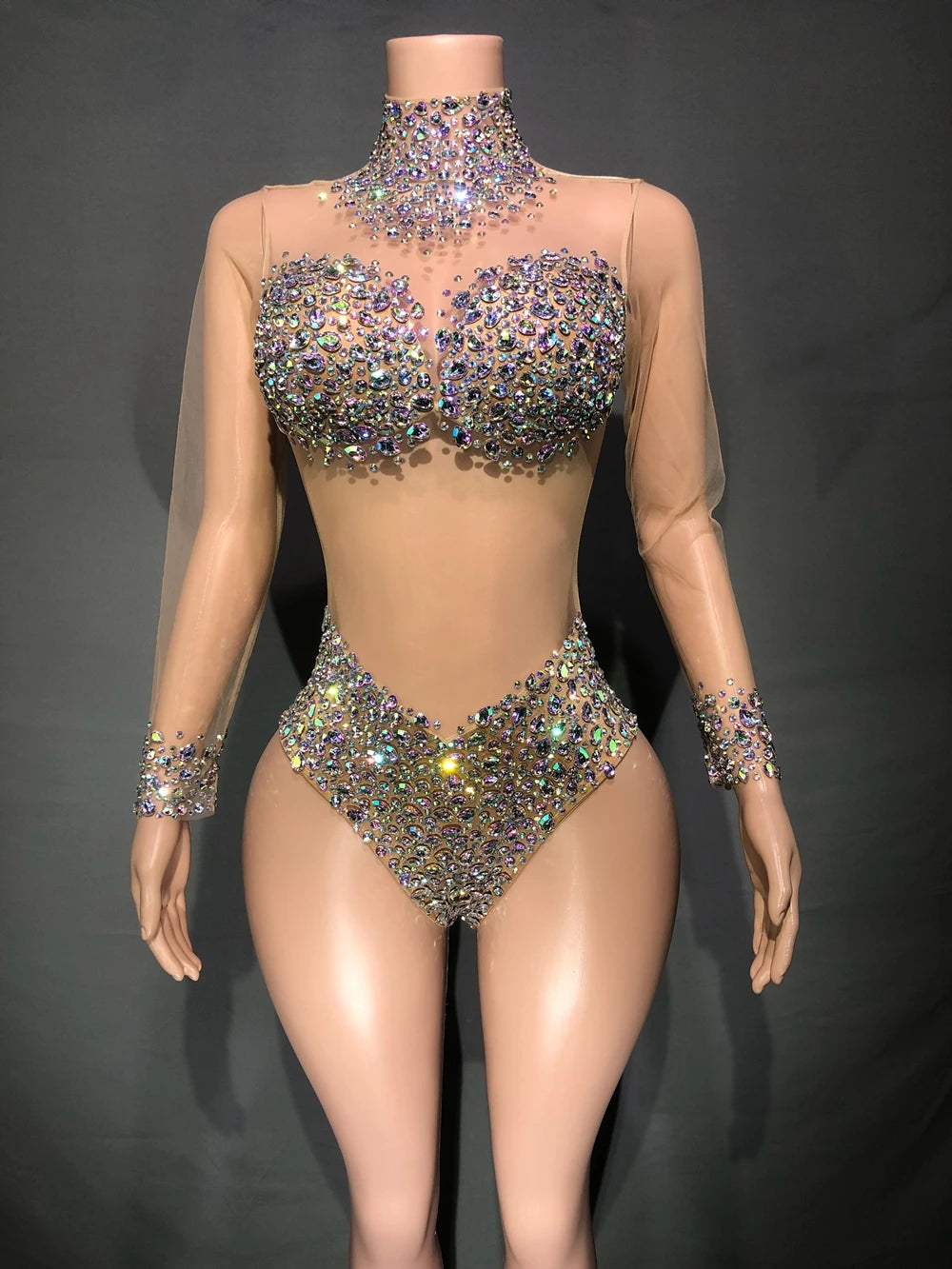 Sparkly AB Rhinestone Sheer Mesh Bodysuit & Stage Performance Costume
