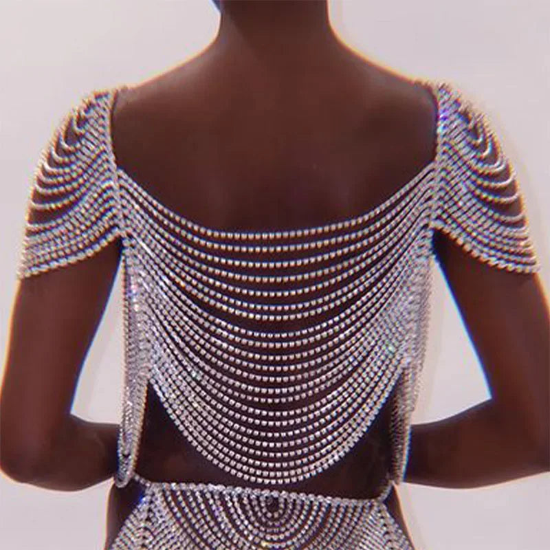 Backless Rhinestone Chain Fringe Crop Top