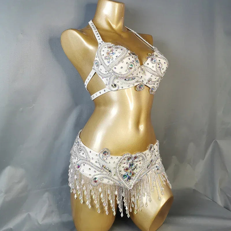 Dazzling Beaded Crystal Belly Dance Bra & Belt 2-Piece Costume Set