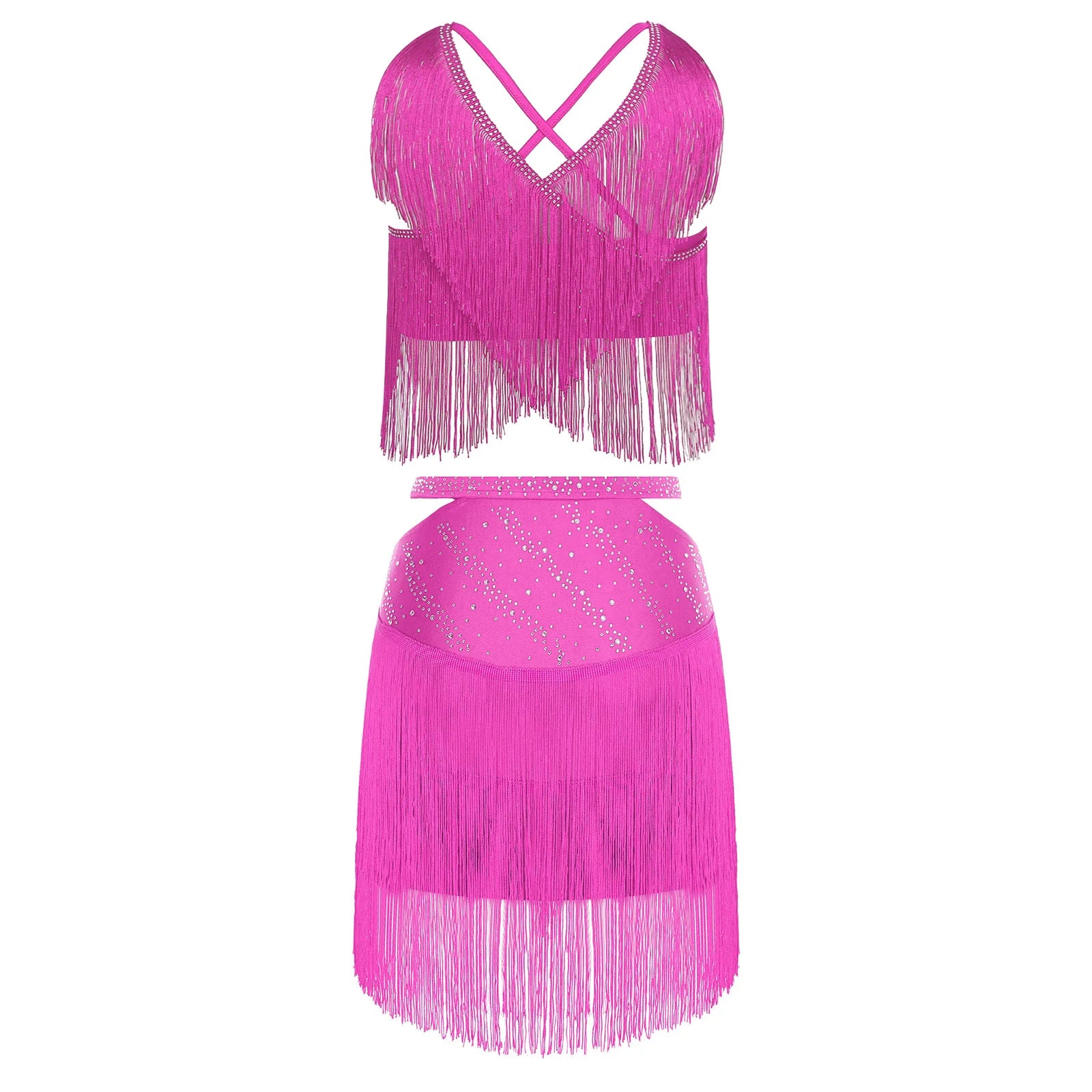 Sparkly Rhinestone & Tassel Fringe Two-Piece Latin Tango Dance Outfit Set