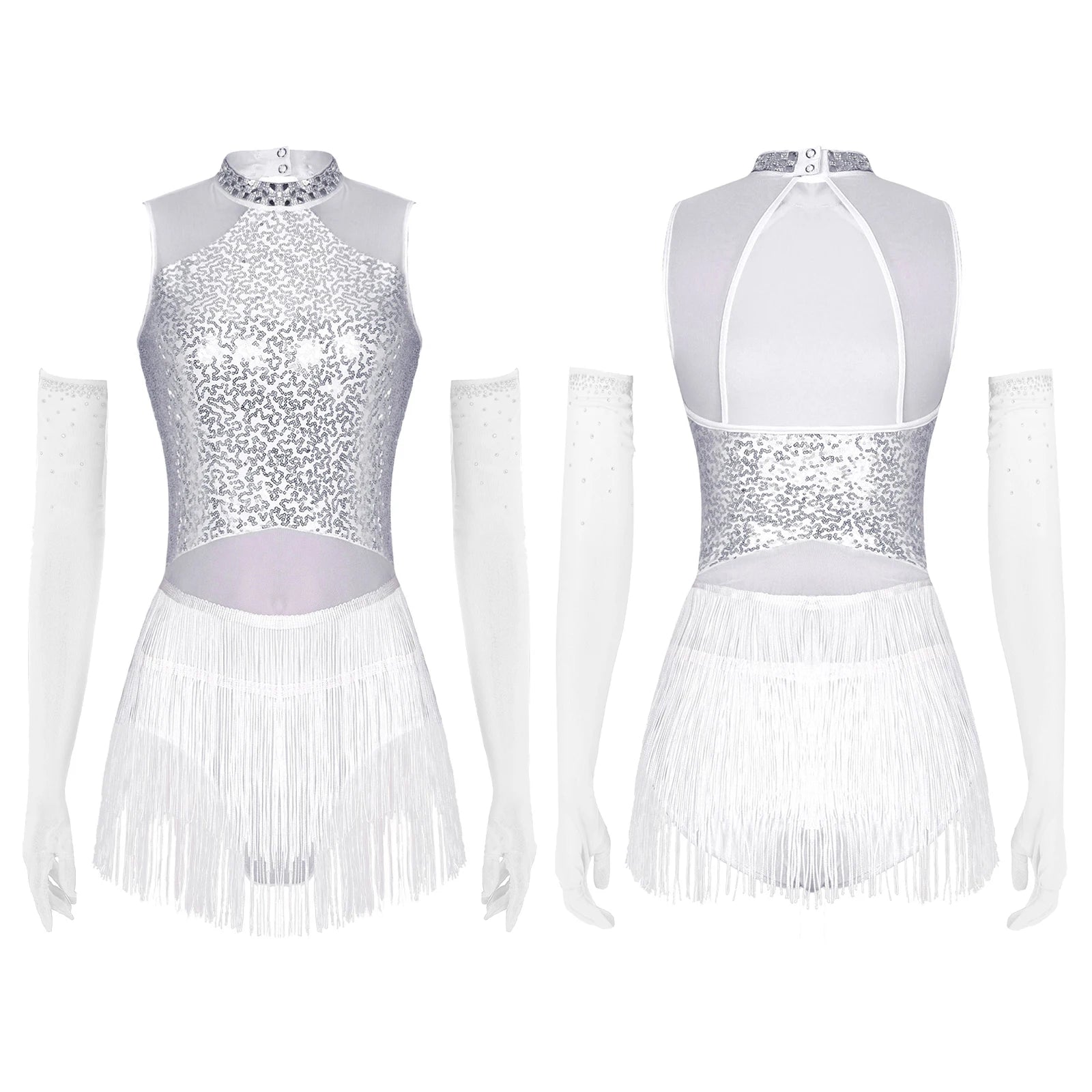 Sparkly Sequin & Fringe Dance Dress with Gloves Latin Stage Performance Costume