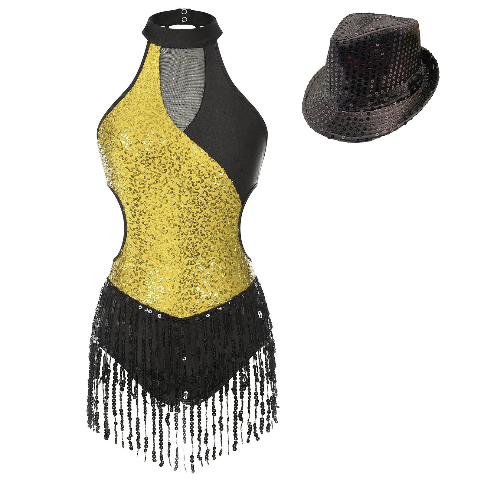 Sequined Fringe Latin Dance & Figure Skating Jumpsuit Leotard Set with Mesh Gloves