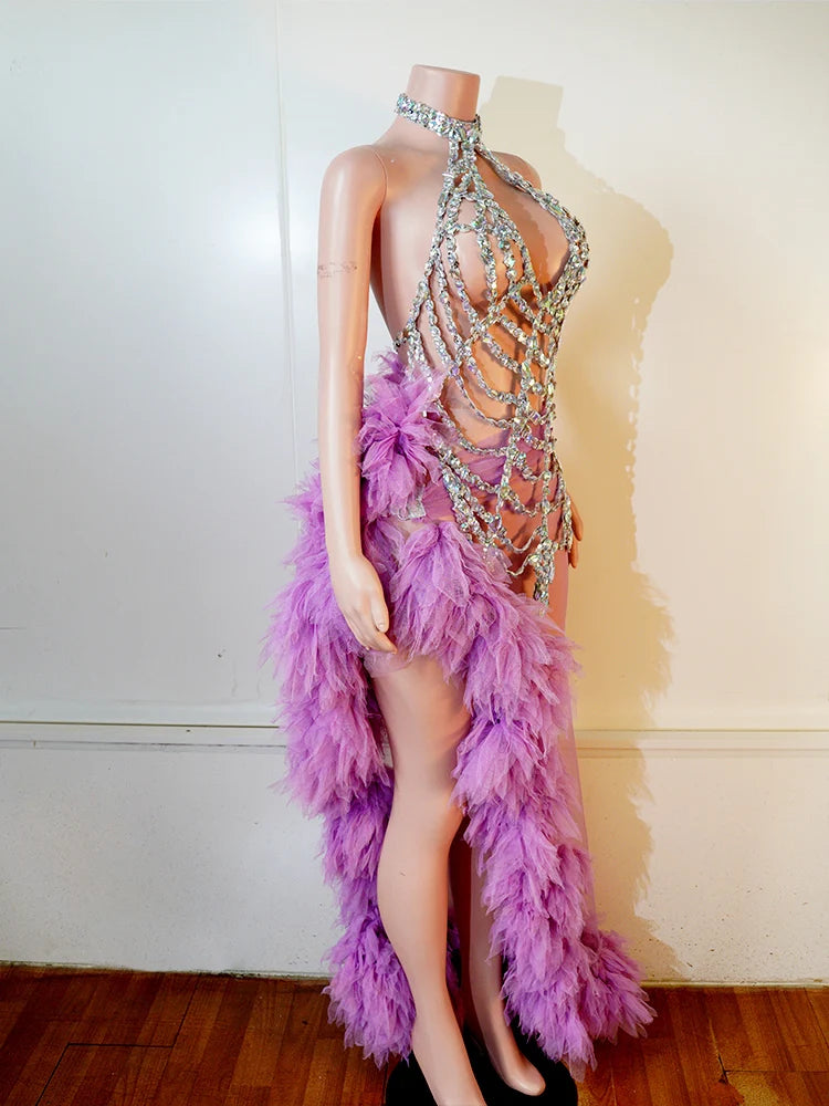Purple Spiderweb Rhinestone Halter Bodysuit & Trailing Ruffle Tulle Skirt 2-Piece Stage Costume Set