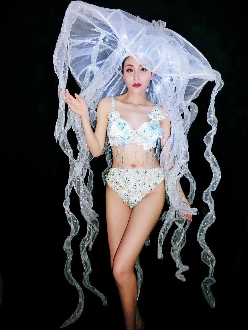 Pearl & Crystal Bustier Bikini Set & LED Illuminated Jellyfish Tentacle Headdress Stage Costume