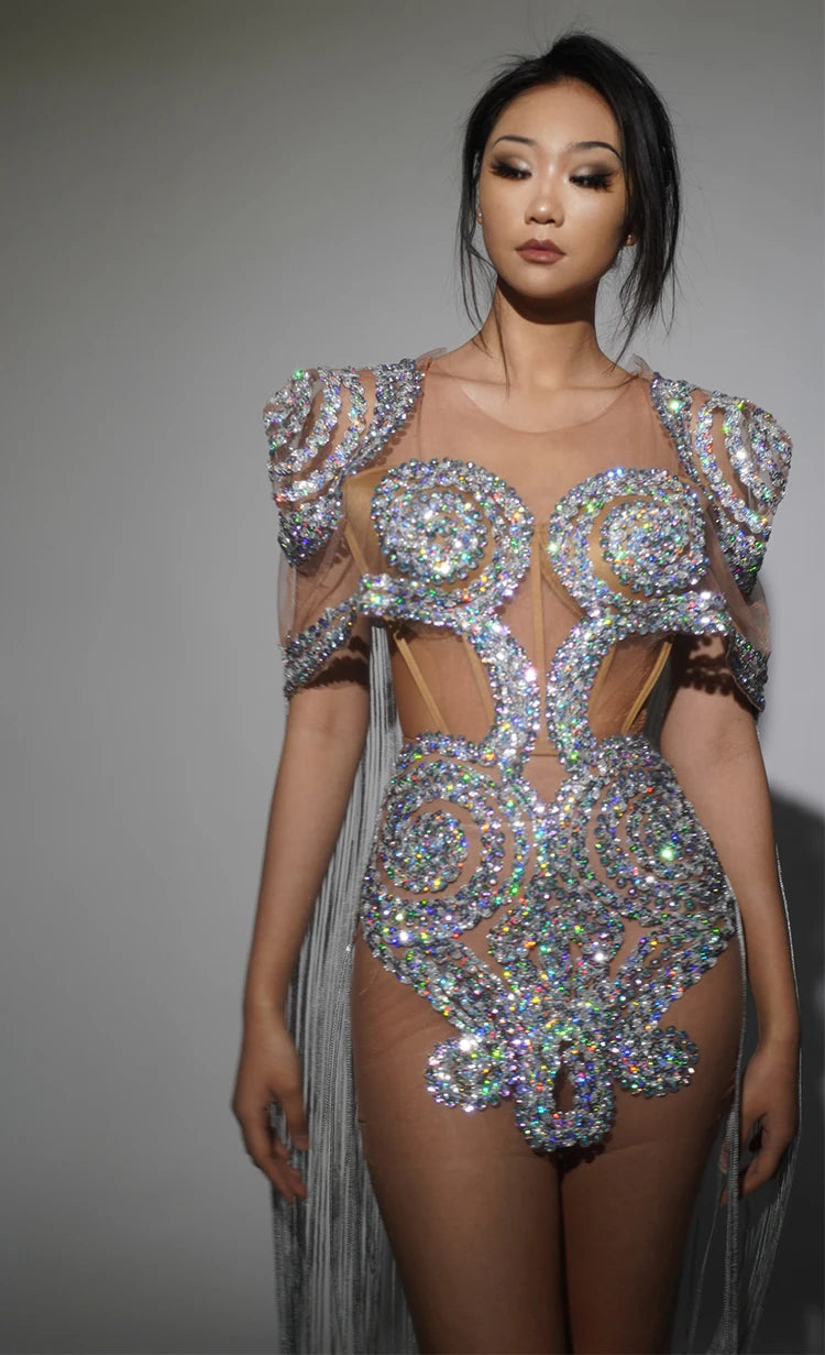 Sparkly Silver Rhinestone Sheer Cape Dress Stage Costume