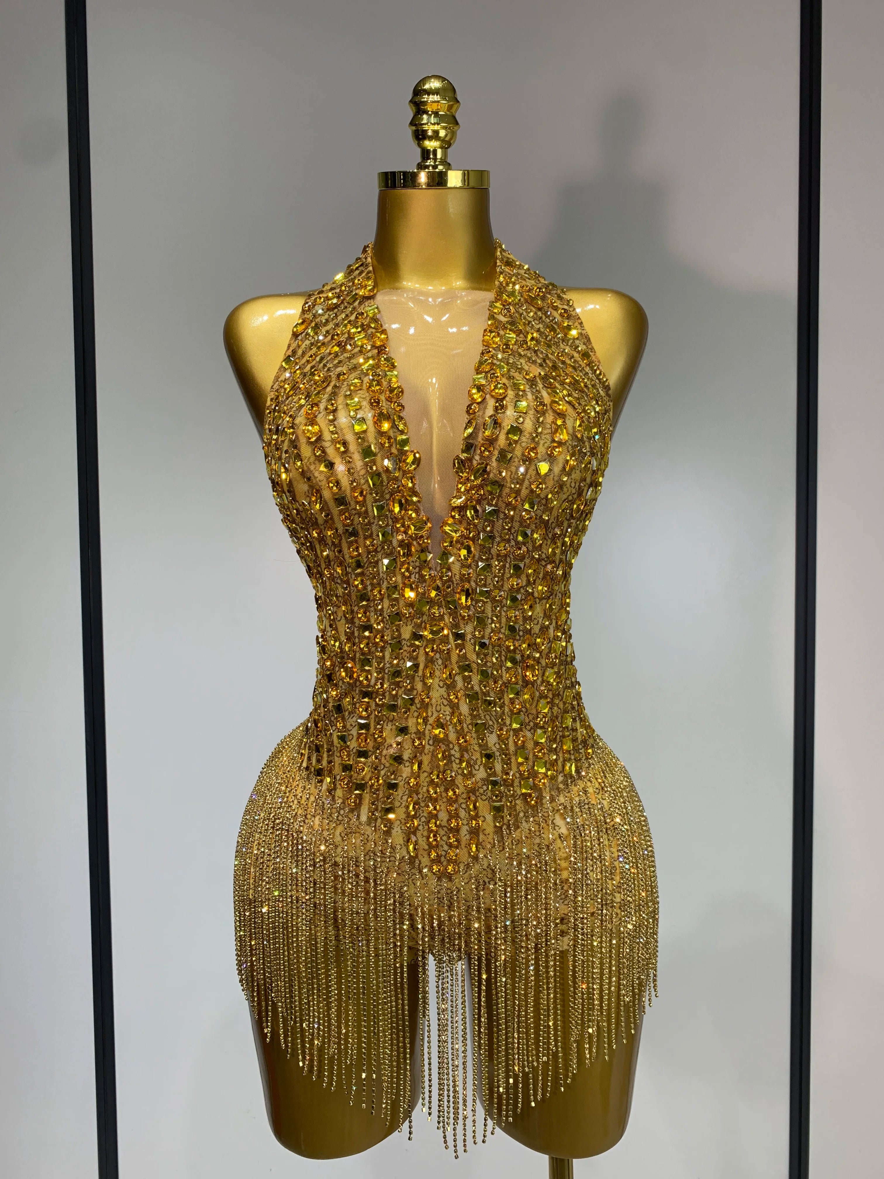 Gold Rhinestone Sheer Mesh Bodysuit Luxury Stage Performance Jumpsuit