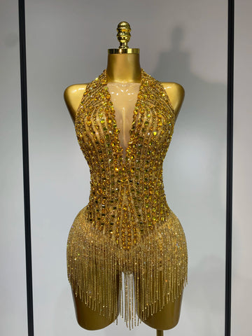 Gold Rhinestone Sheer Mesh Bodysuit Luxury Stage Performance Jumpsuit