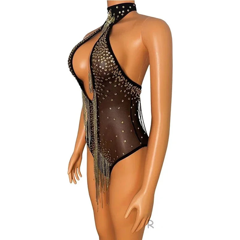 Openwork Rhinestone Tassel Performance Bodysuit