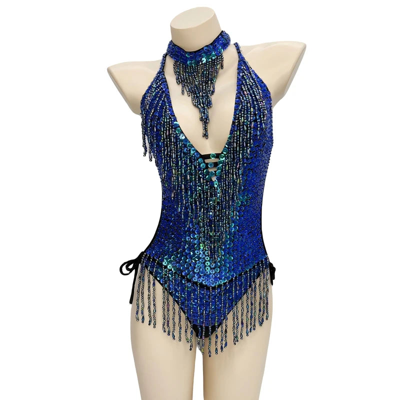 Beaded Sequin Tassel Performance Bodysuit