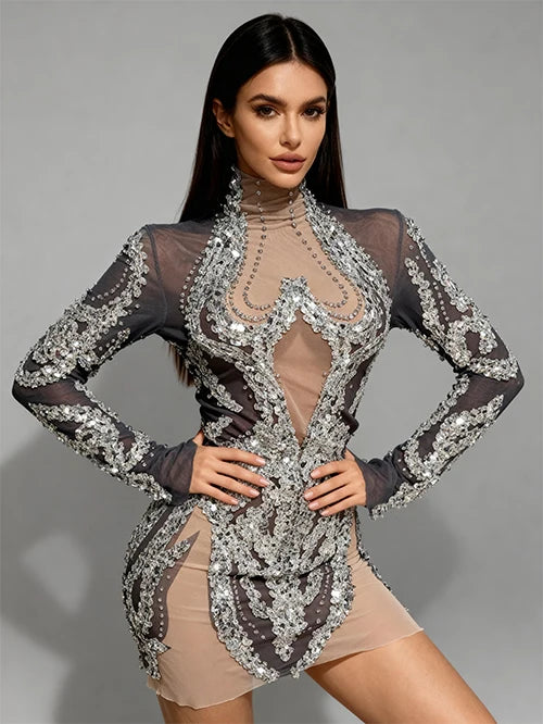 Sparkly Silver Rhinestone & Sequin Sheer Mesh Mini Dress Stage Costume