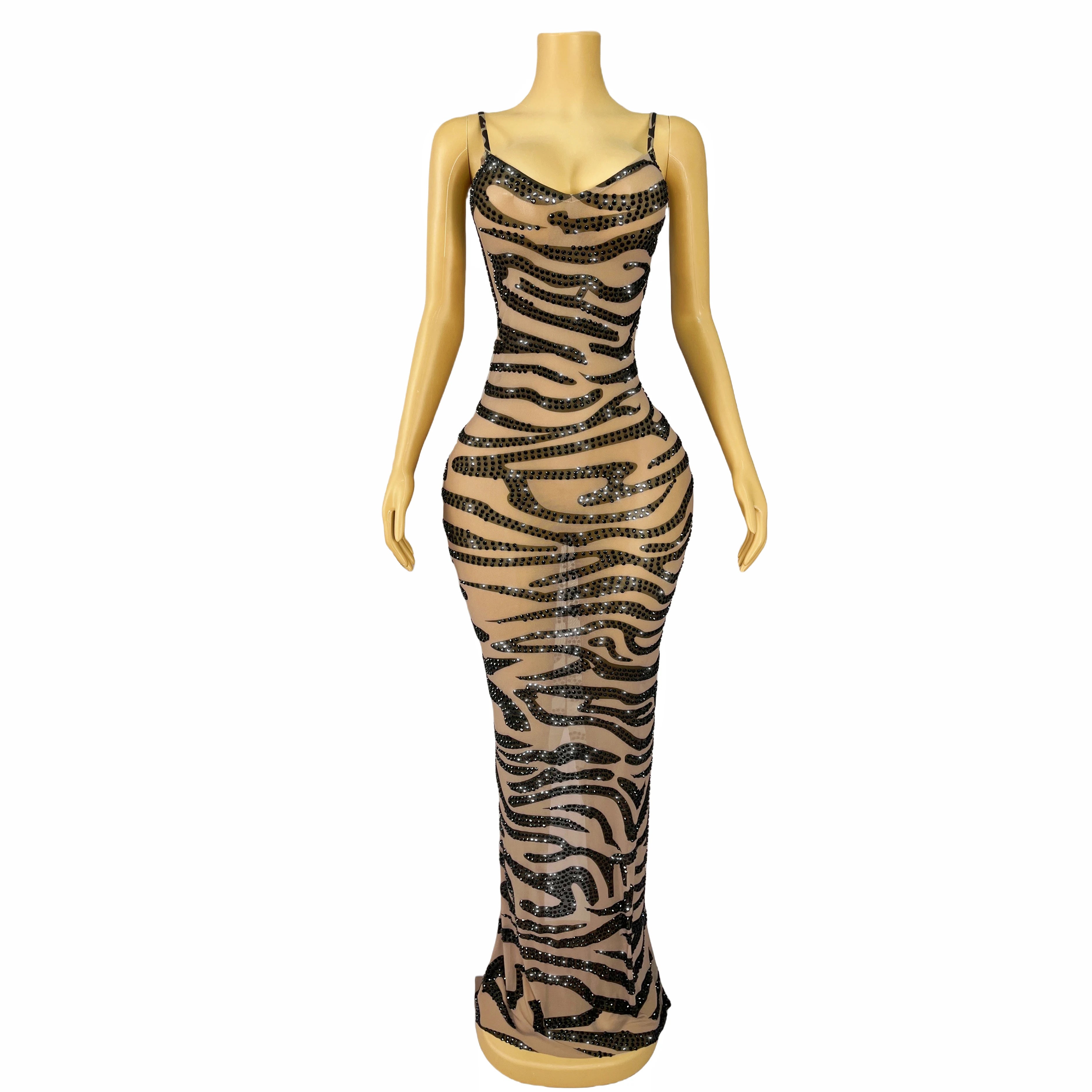 Leopard Print Sparkly Rhinestone Mesh Evening Gown Red Carpet Stage Dress