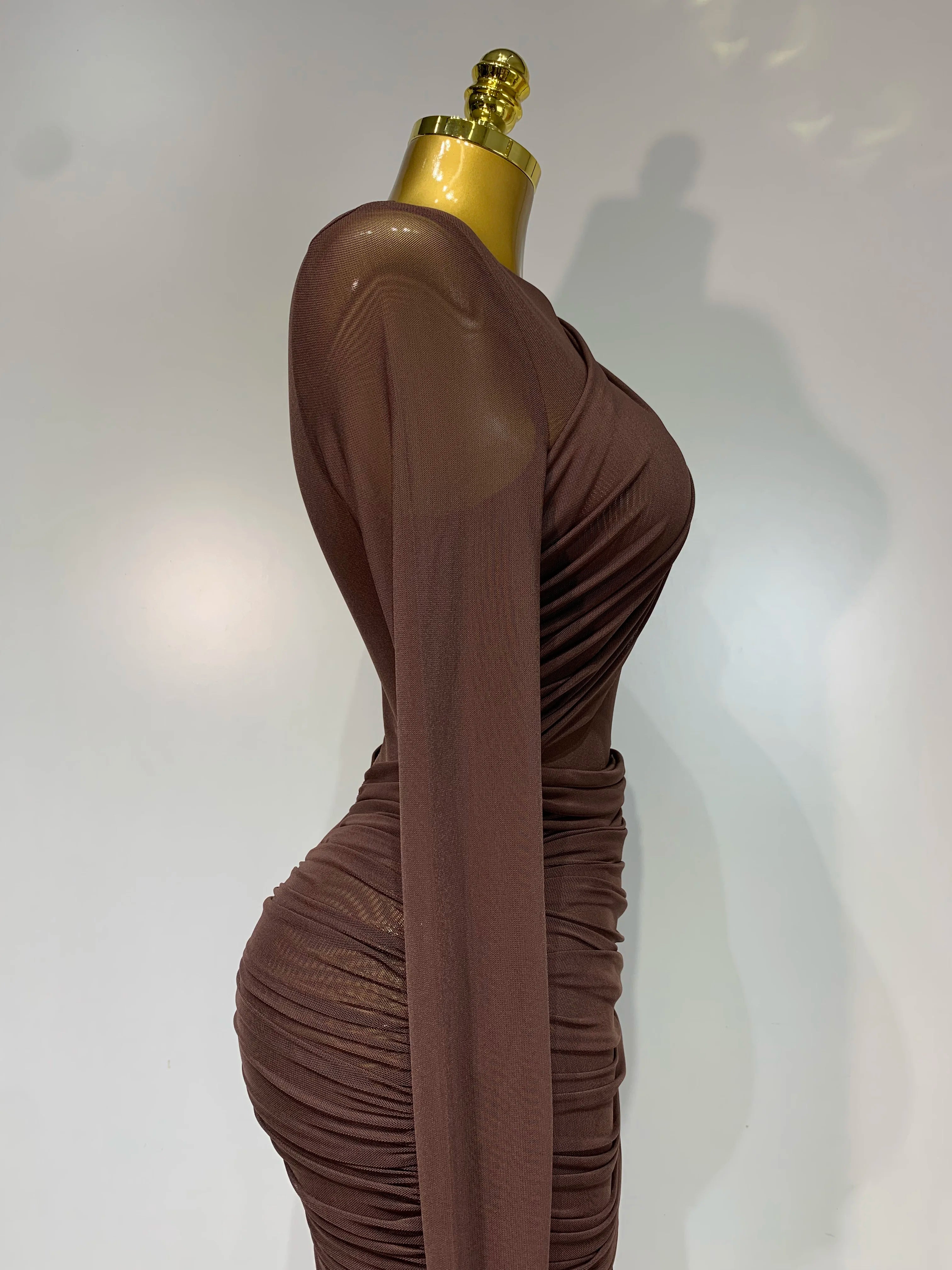 Ruched Mesh Draped Bodycon Maxi Dress Long Sleeve Illusion Evening Gown