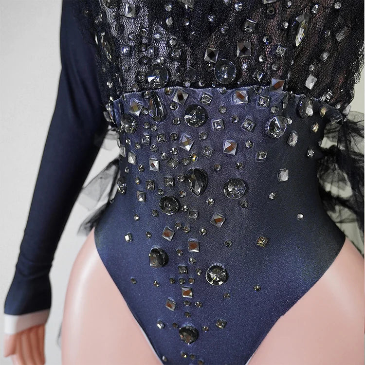 Black Rhinestone One-Shoulder Bodysuit & Trailing Tulle Train Stage Costume Set