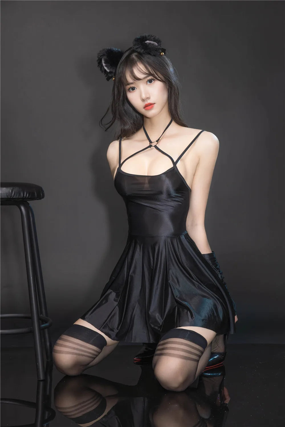 Sexy Backless Satin Smooth Oil Glossy Pleated Micro MINI Dress Bandage Sleeveless Tight Uniform Maid Ruffled Dress Stage Wear