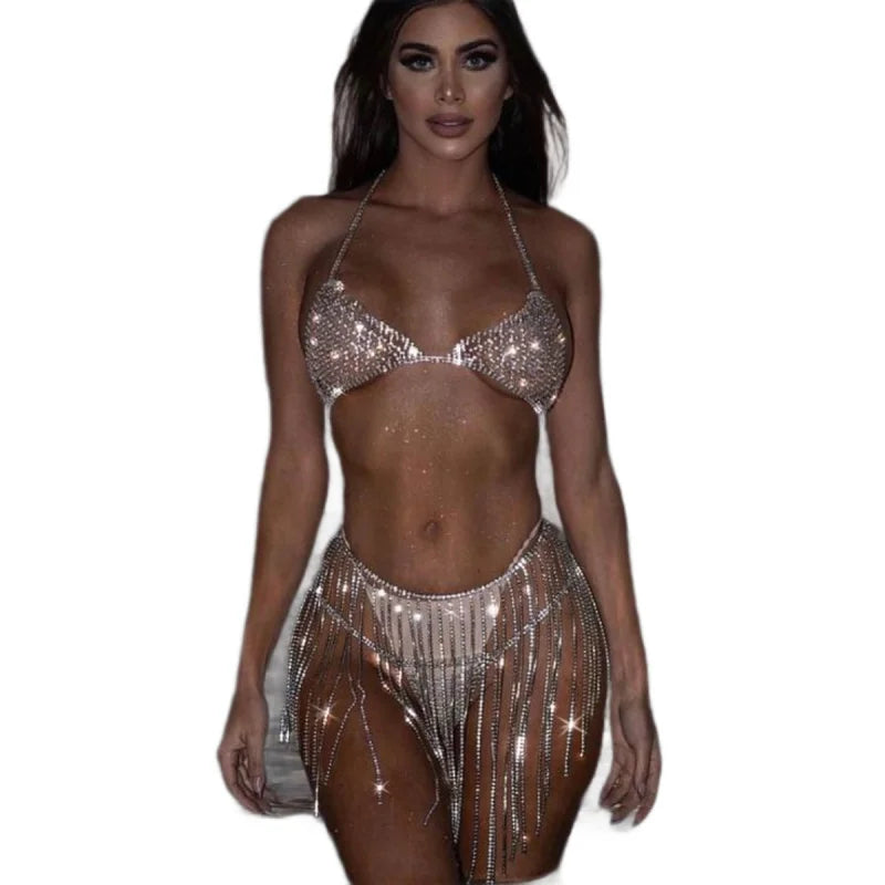 Grid Rhinestone Bra & Skirt Body Jewelry