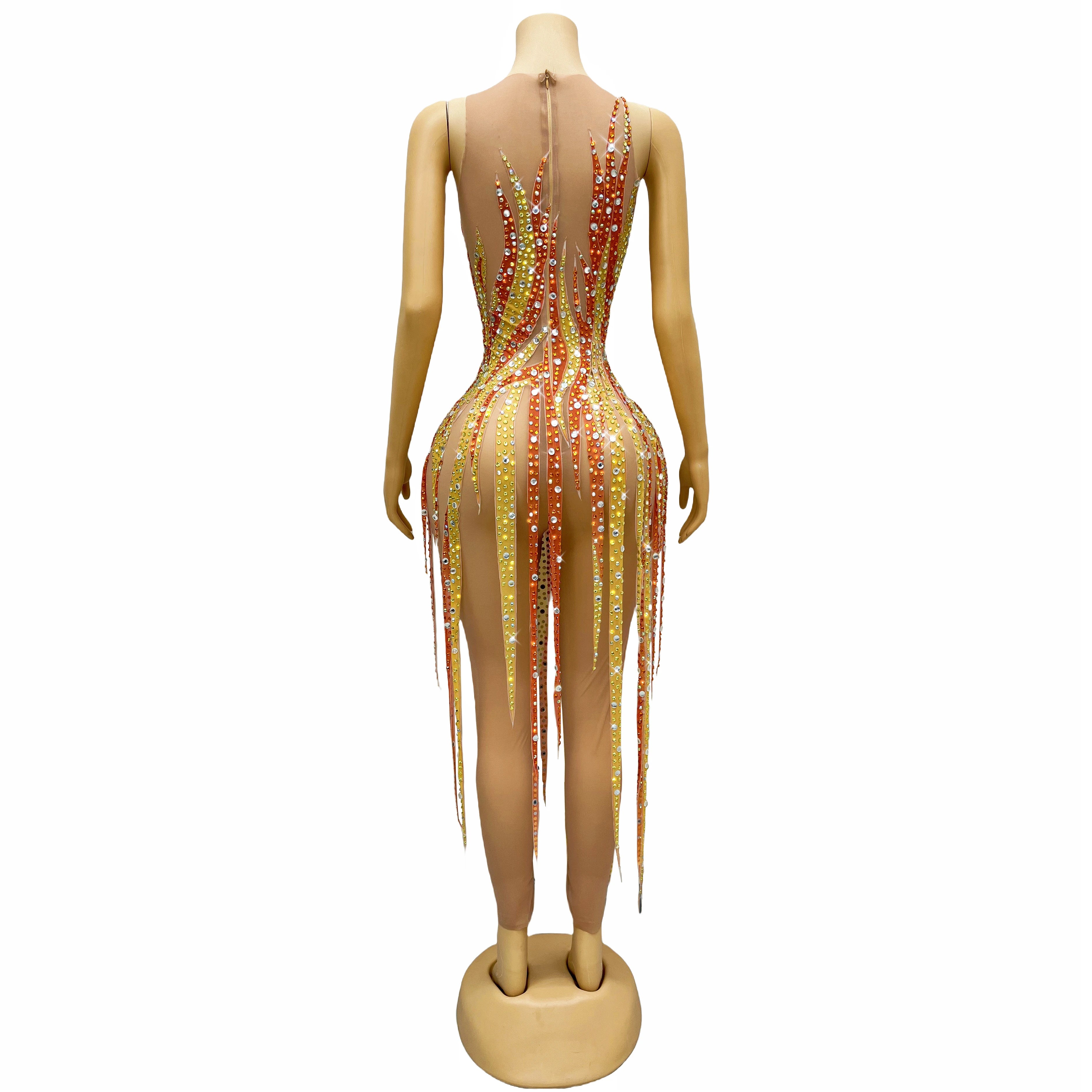 Gold & Amber Beaded Rhinestone Catsuit Illusion Mesh Long-Sleeve Jumpsuit Stage Costume