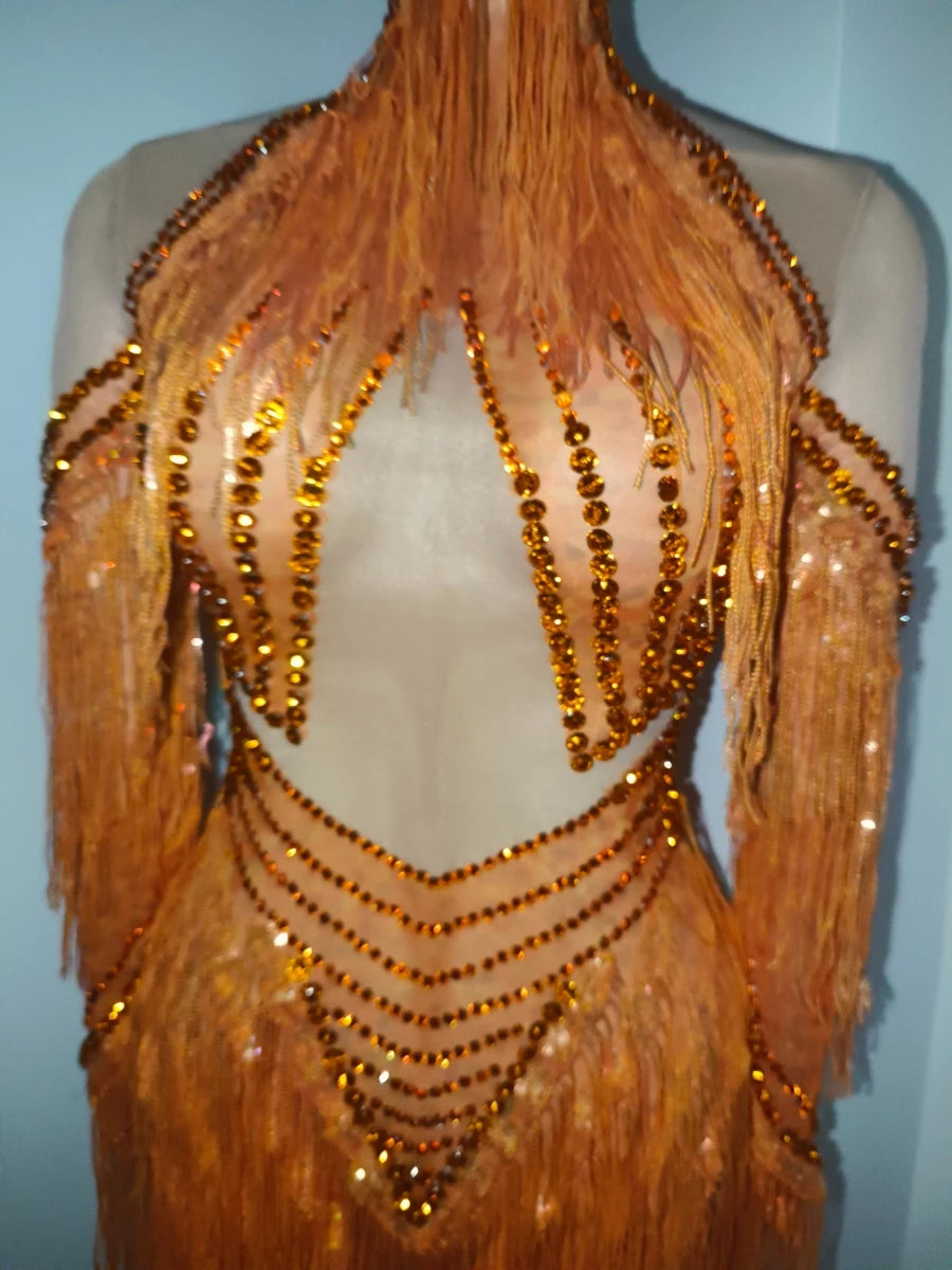 Orange Sparkly Crystal Fringe Bodysuit Off-Shoulder Stage Performance Costume Leotard
