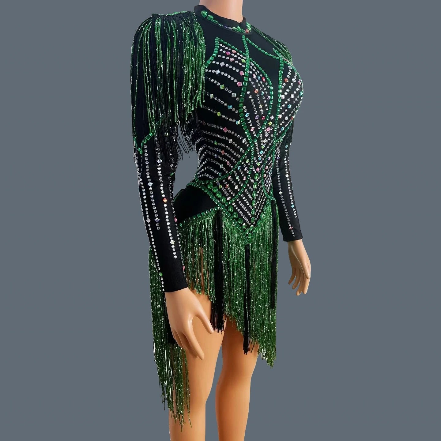 Sparkly Rhinestone Tassel Fringe Dance Performance Mini Dress Stage Bandage Dress