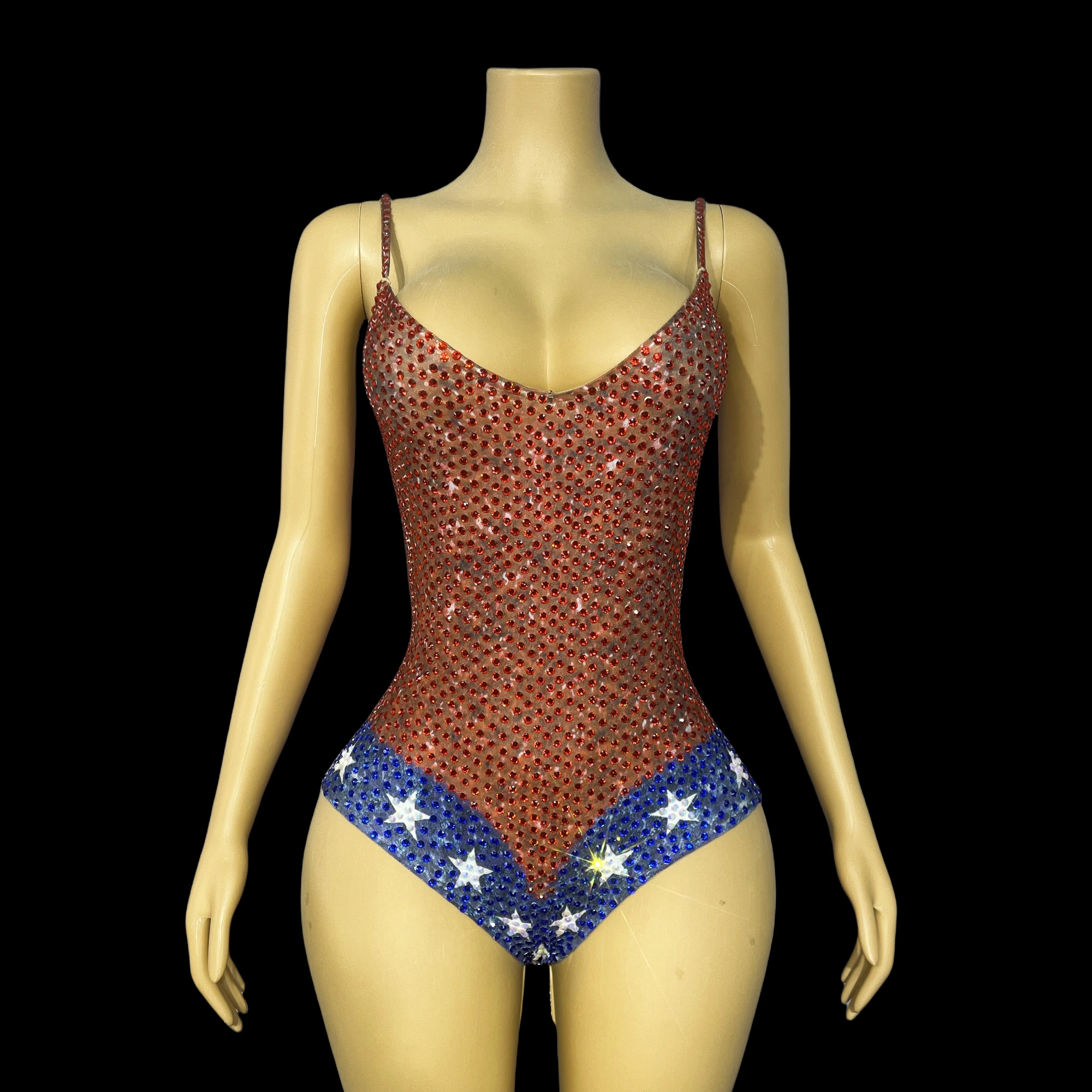 Twinkling Rhinestone Stars High-Cut Stage Bodysuit Dance Performance Leotard