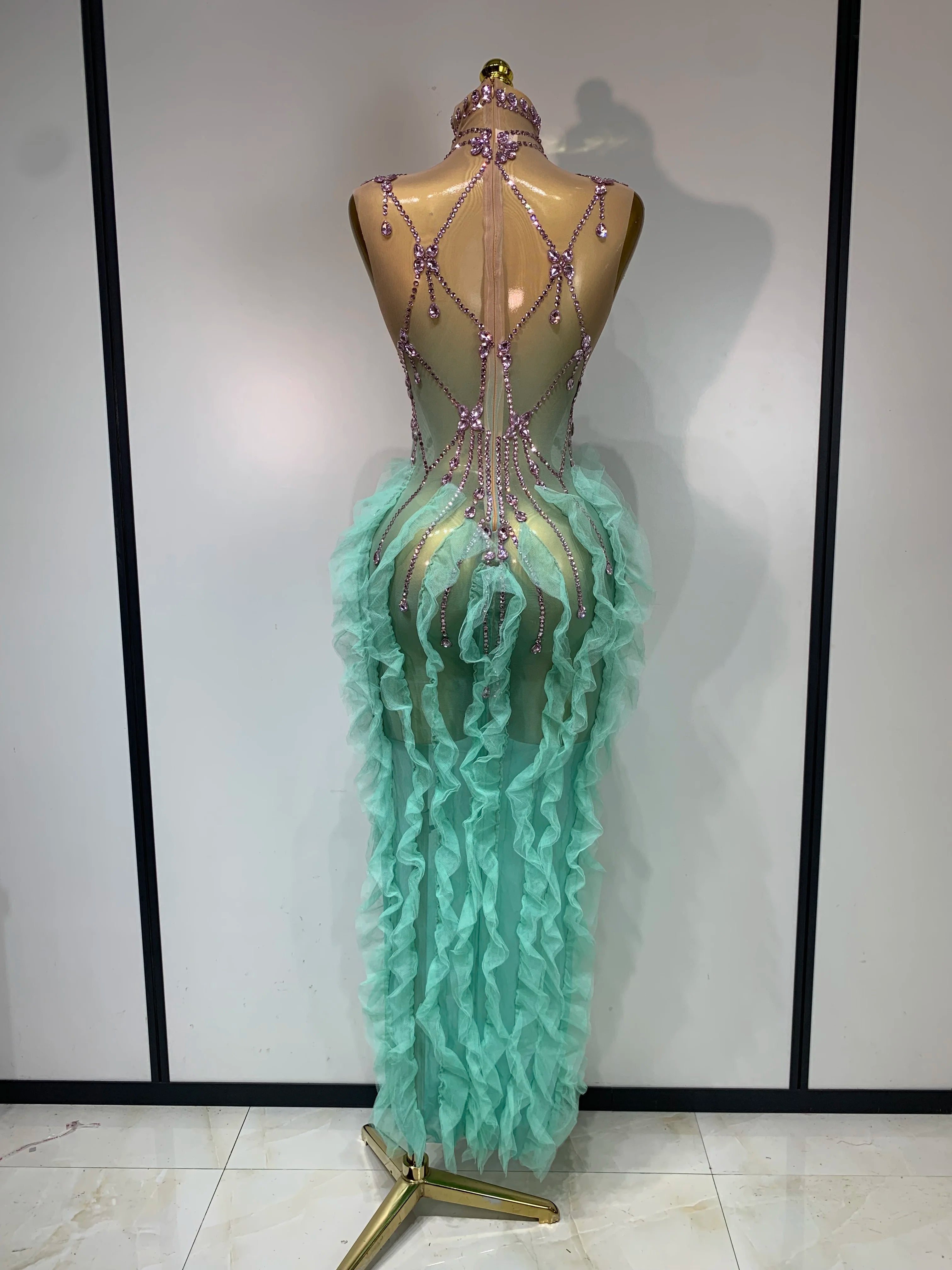 Mint Green Ombré Rhinestone Illusion Gown Tiered Ruffle Hem Maxi Stage Dress