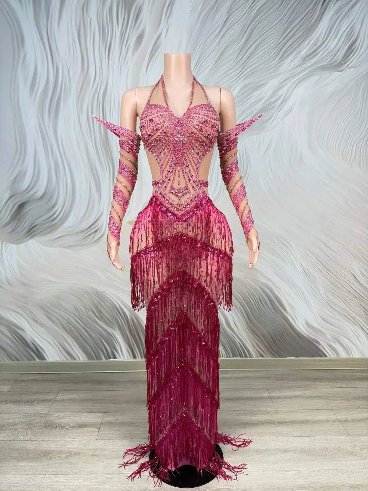 Women's Rhinestone Tassel Mesh Dress | Sparkly Stage & Nightclub Party Dress