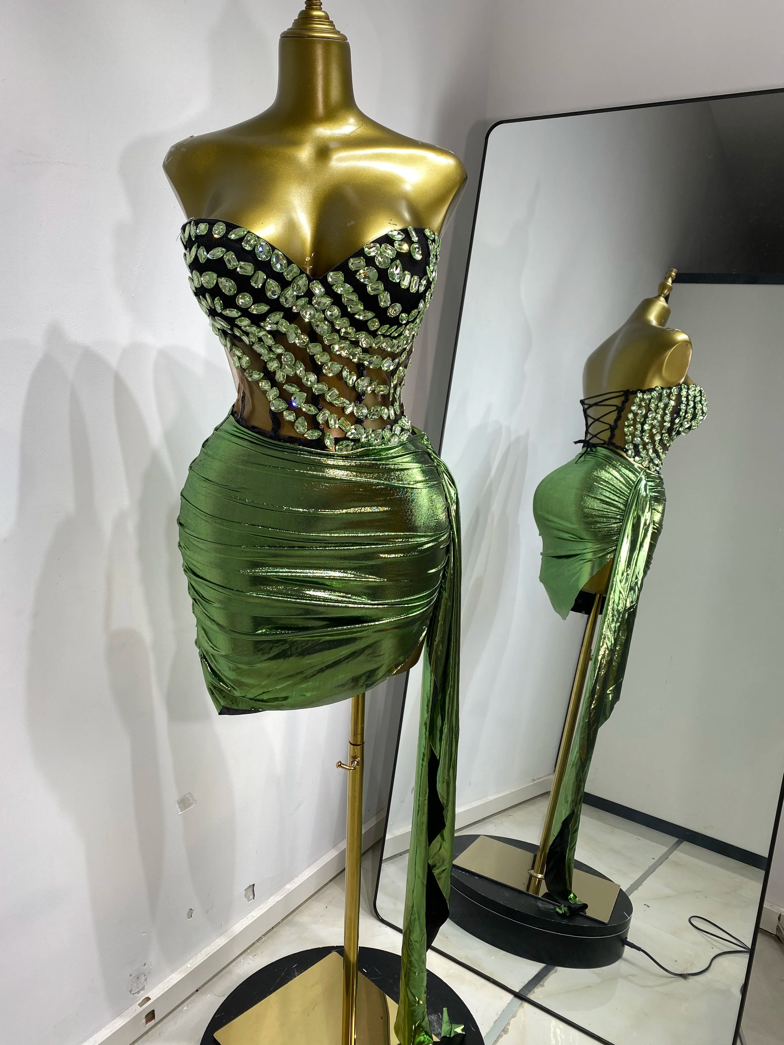 Rhinestone Tube Bustier Corset Top & Bronzing Mini Skirt 2-Piece Performance Set