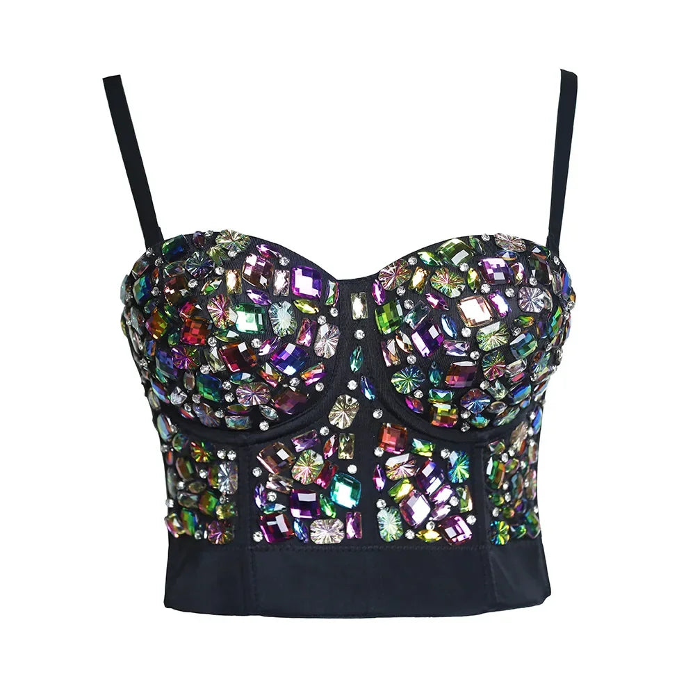 Sparkly Diamond Rhinestone Corset Top Showgirl Stage Performance Push-Up Bustier