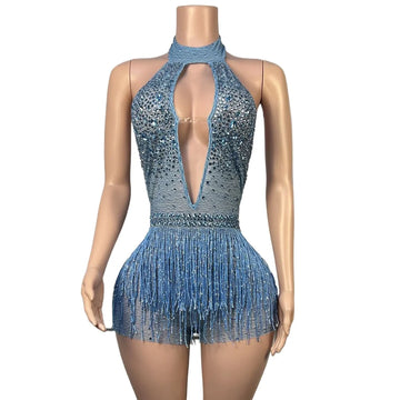 Sparkly Rhinestone Tassel Halter Bodysuit Deep V Backless Stage Dance Leotard