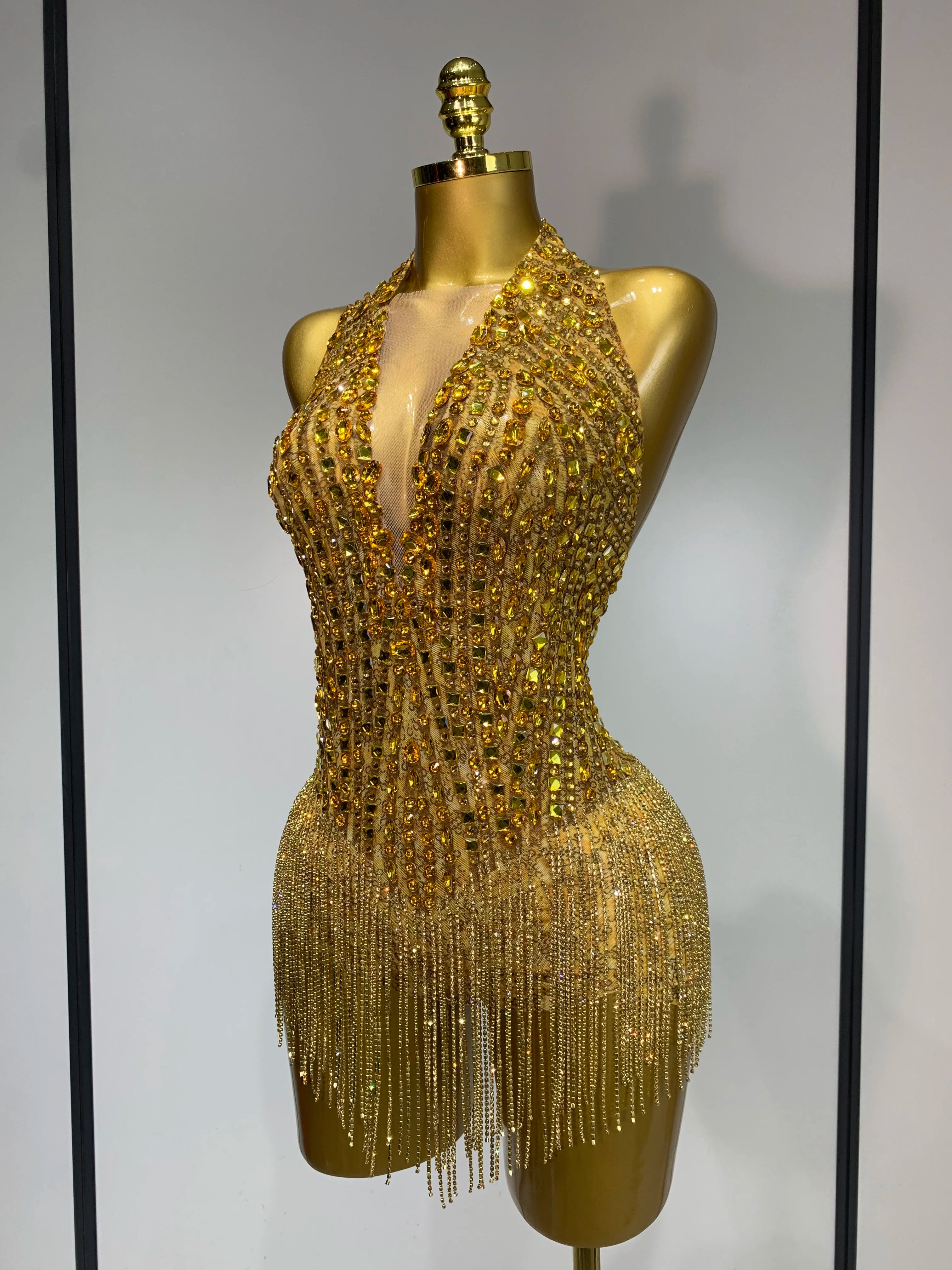 Gold Rhinestone Sheer Mesh Bodysuit Luxury Stage Performance Jumpsuit