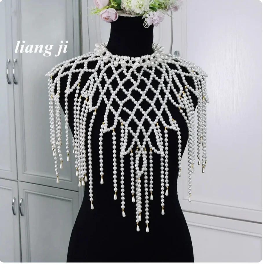 White Simulated Pearl Chest Wrap Chain
