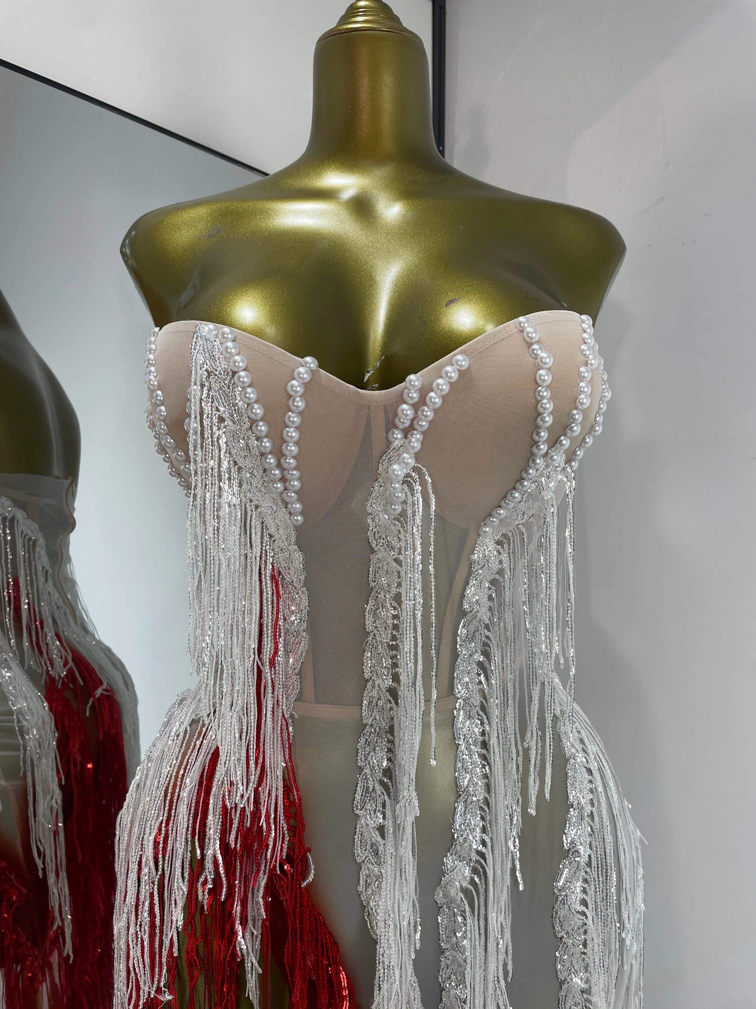 Pearl & Crystal Bustier High-Slit Maxi Gown Cascading Ombré Fringe Evening Dress