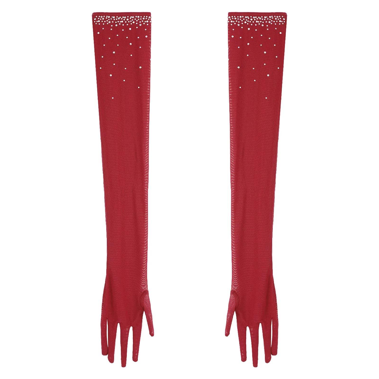 Rhinestone Latin Dance Dress, Mesh Tiered Tassel Bodysuit & Long Gloves Set