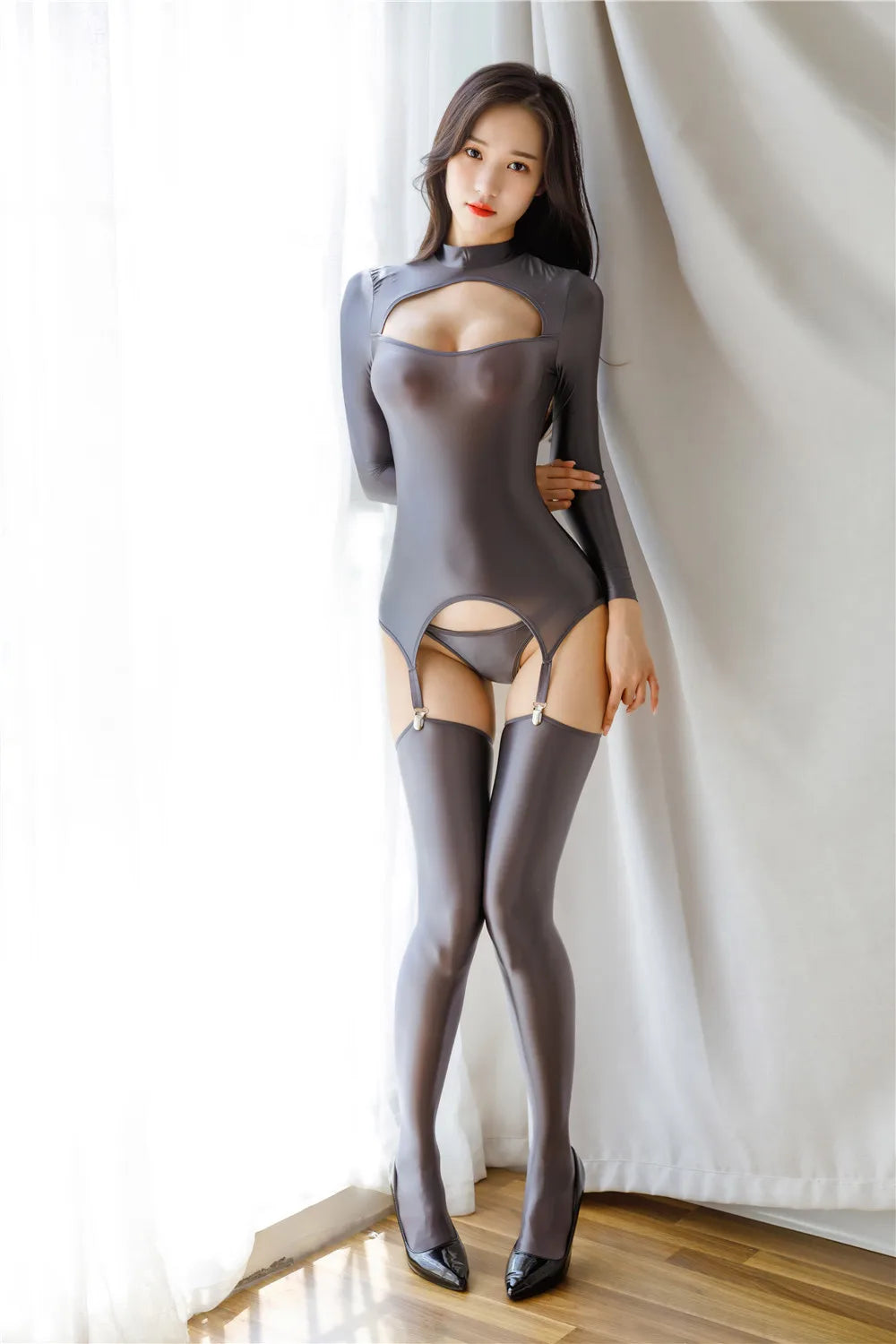 Oil Glossy Hollow-Out Elastic Open Crotch Bodysuit & Garter Stockings Set