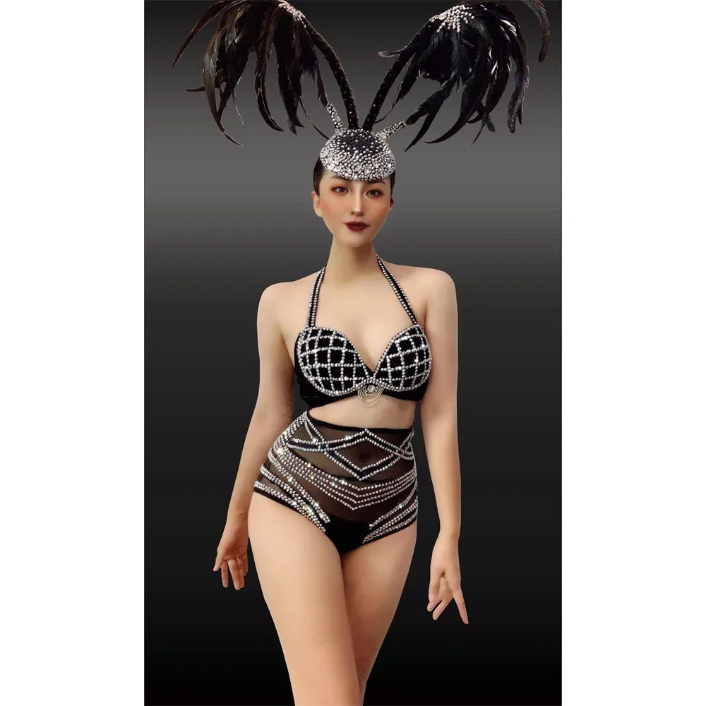 Black Rhinestone Grid Bikini & Feather Wing Headpiece Gogo Stage Costume Set