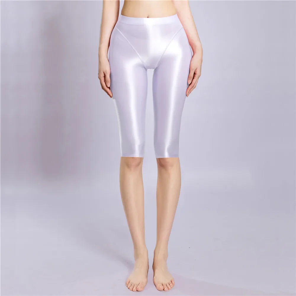 Women Shaping Short Stain Smooth Oil Glossy Shiny Elastic Shorts Sheer See Through Casual Plus Size Tight Yoga Short Maid Pant