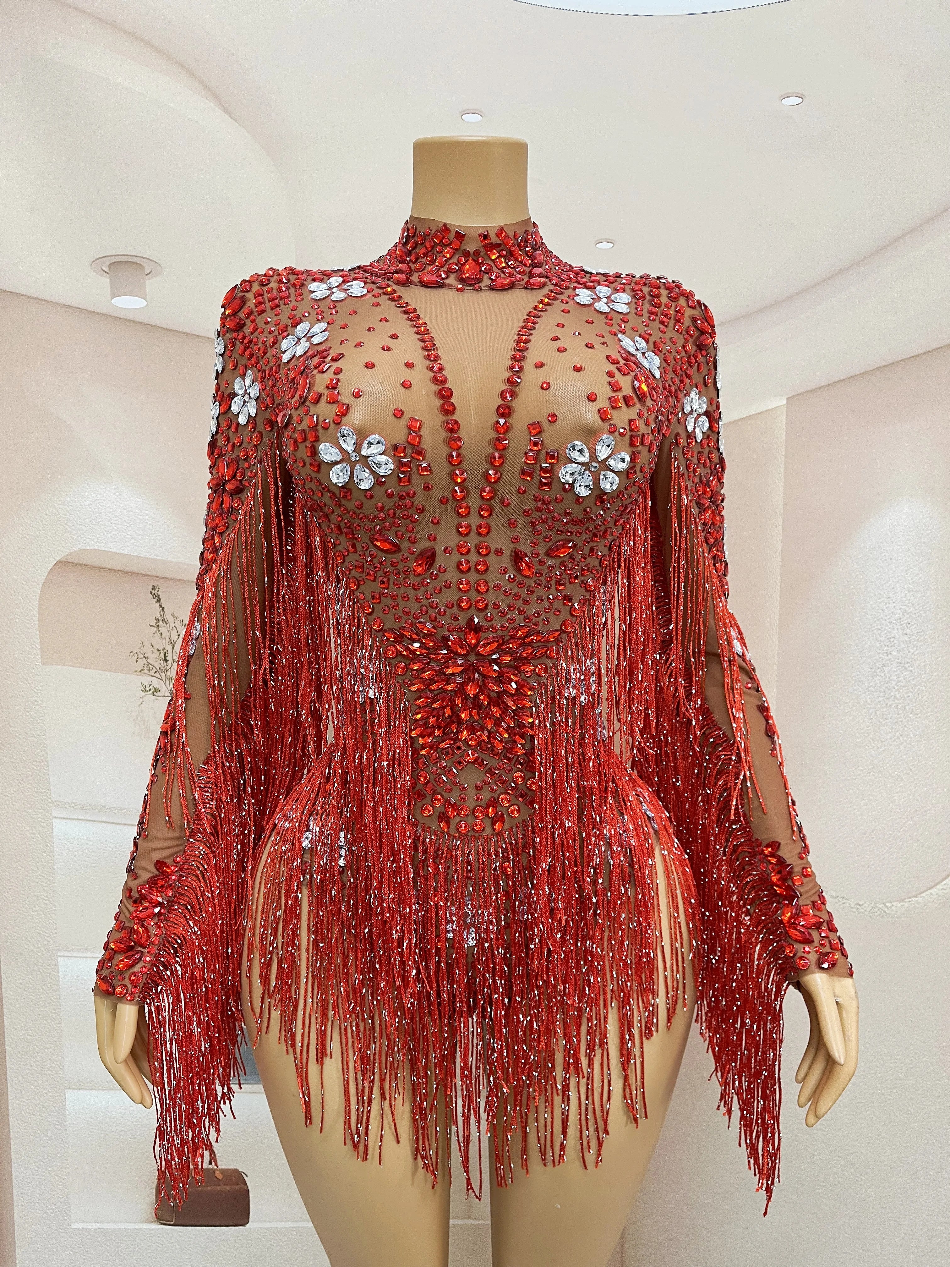 Sparkly Rhinestone Tassel High-Cut Stage Performance Bodysuit Dance Leotard
