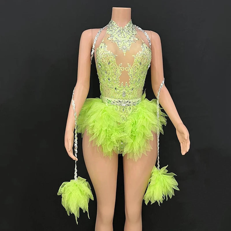 Rhinestone Feather Embellished Bodysuit & Showgirl Stage Dance Costume