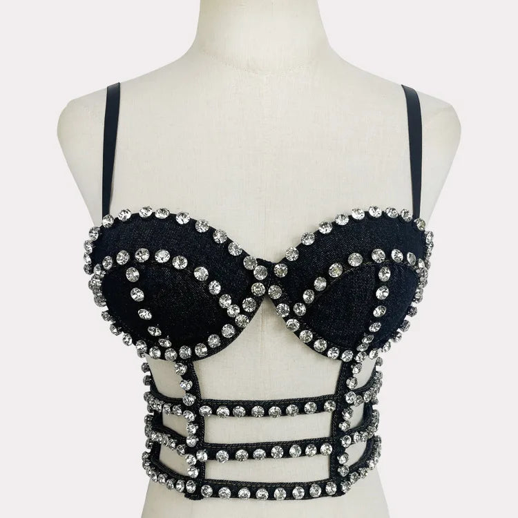 Studded Denim Bustier Crop Top Studded Punk Style Stage Costume Top