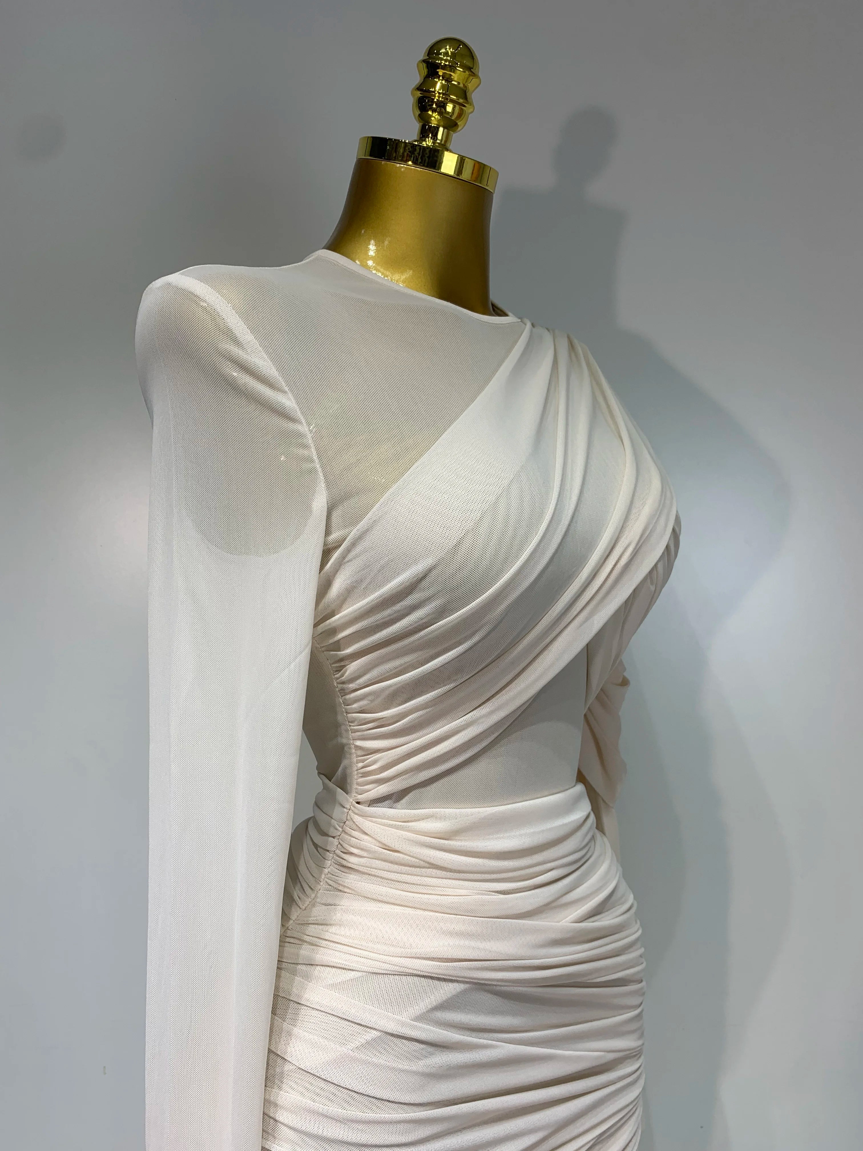 Ruched Mesh Draped Bodycon Maxi Dress Long Sleeve Illusion Evening Gown